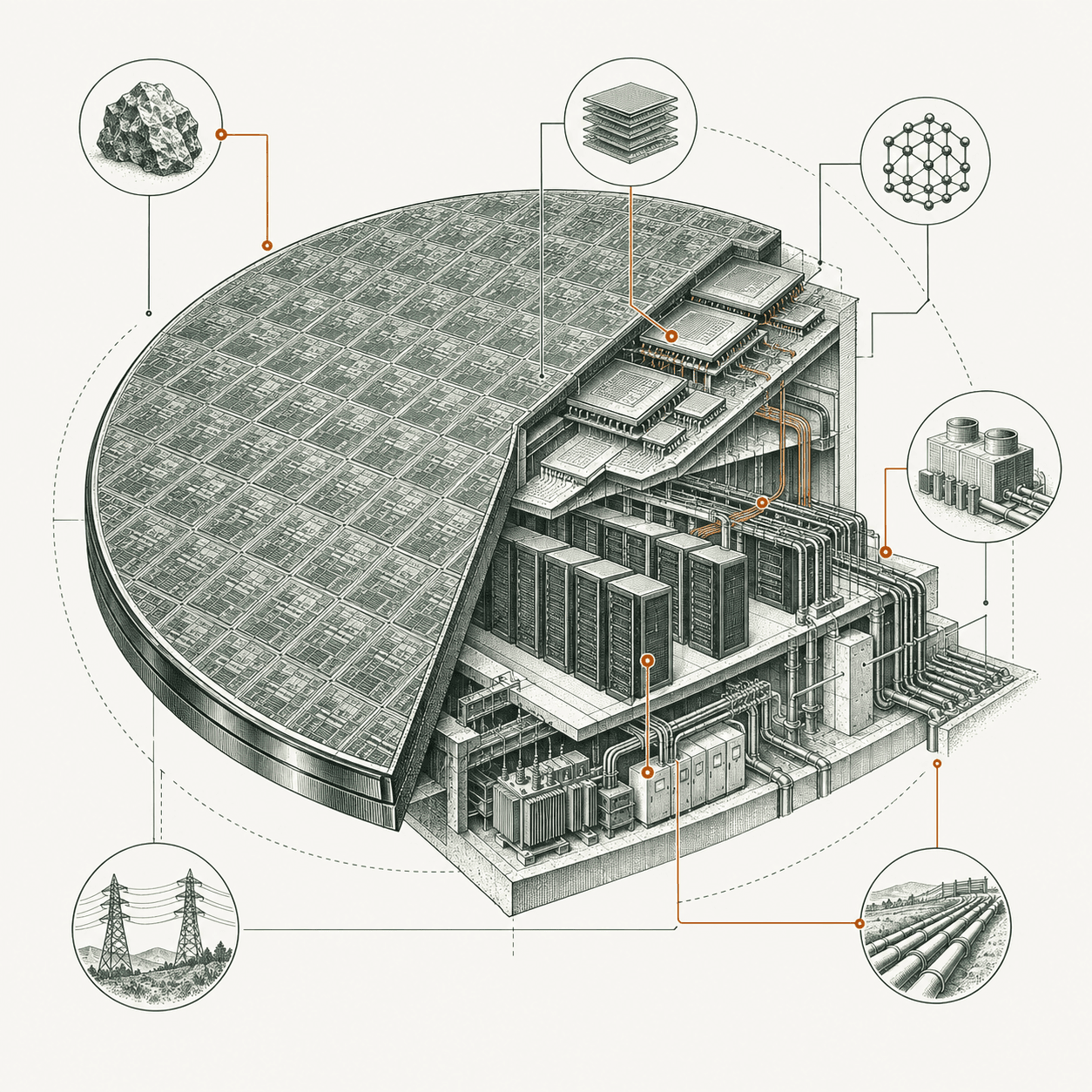Conceptual illustration of a silicon wafer opened to reveal chips, server racks and supporting infrastructure.